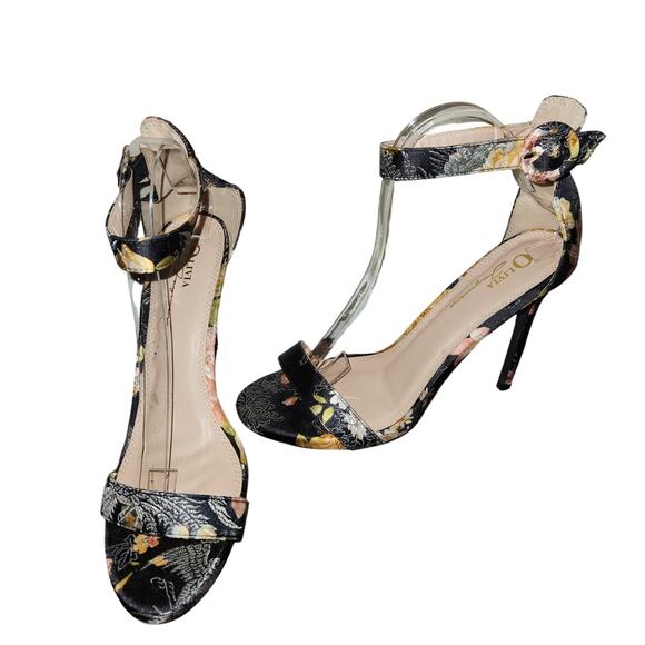 Olivia Ferguson Monica Black Floral Embroidered Satin Ankle Strap Open Toe , 10 - Picture 3 of 10